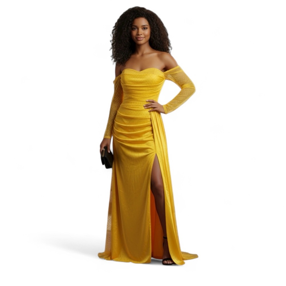 NWT Glamorous Yellow Satin Ruched Ball Gown Front Slit Dress Size 4